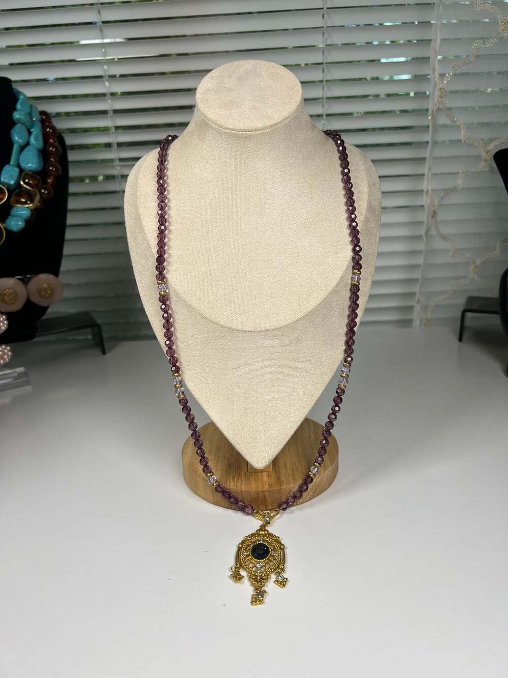 1928 Victorian Style Gold-Tone Filigree Pendant Necklace with Purple Glass Beads - Picture 5 of 5